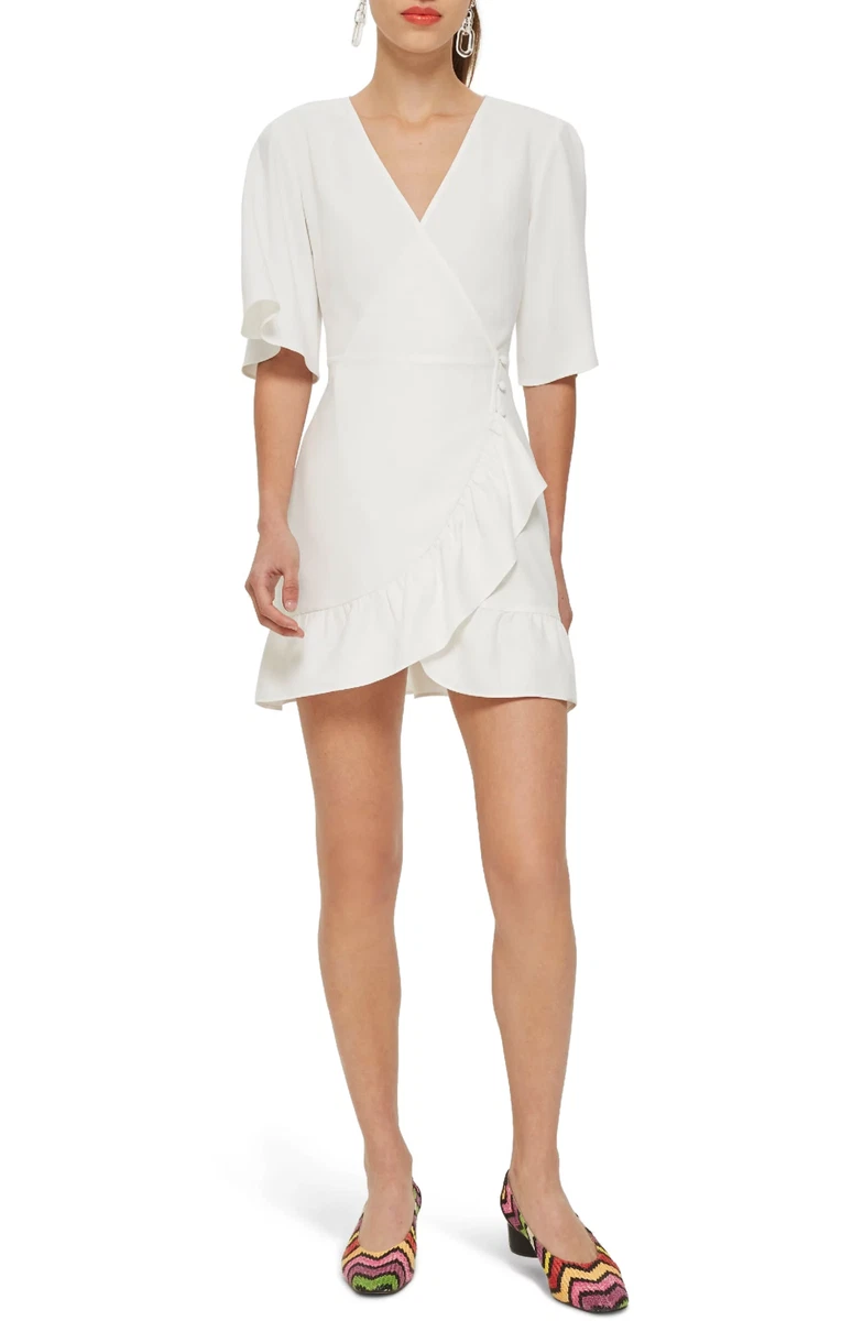TOPSHOP Ruffle Mini Wrap Dress White US 6 Flounce Sleeve Surplice