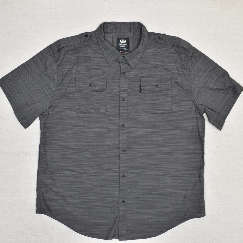 Ecko Unltd. Men Button Down Shirt Short Sleeve Striped Y2K Cotton Gray Size 3XL - Image 2 of 4