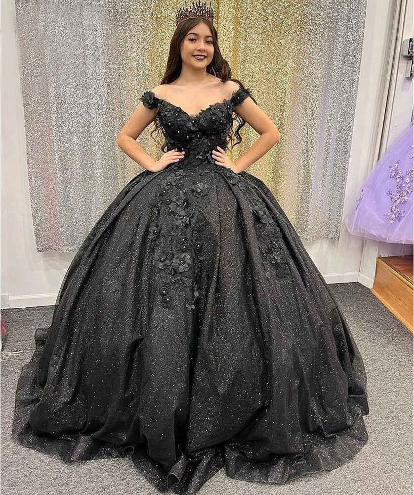 Princess Glitter Black Beaded Quinceanera Dresses Sweet 15 16 Party Ball  Gowns