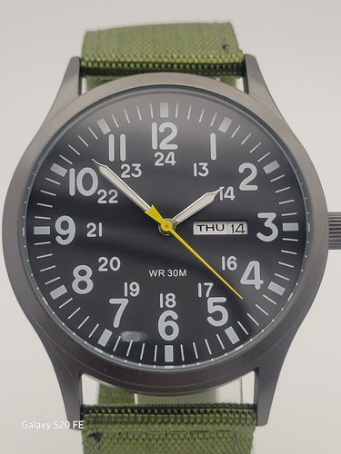 Reloj de campo piloto de 42 mm para hombre 3 ATM día fecha correa verde vidrio mineral - Imagen 5 de 10