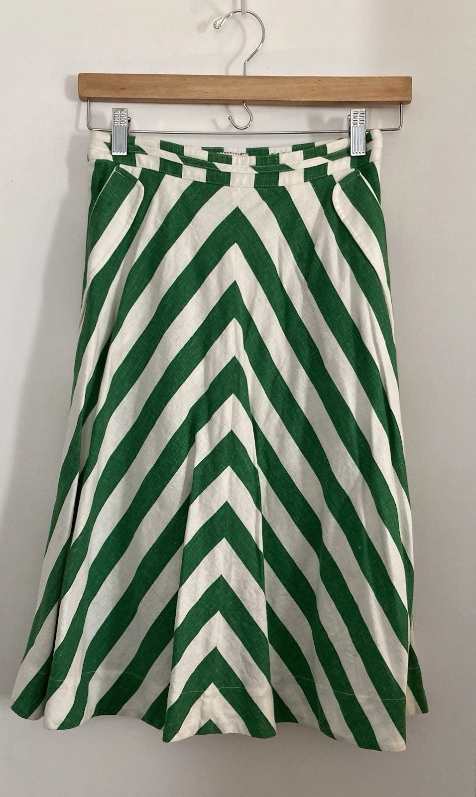 Vintage Anthropologie Postmark White/Green Striped Linen-Blend Skirt Size 0 New