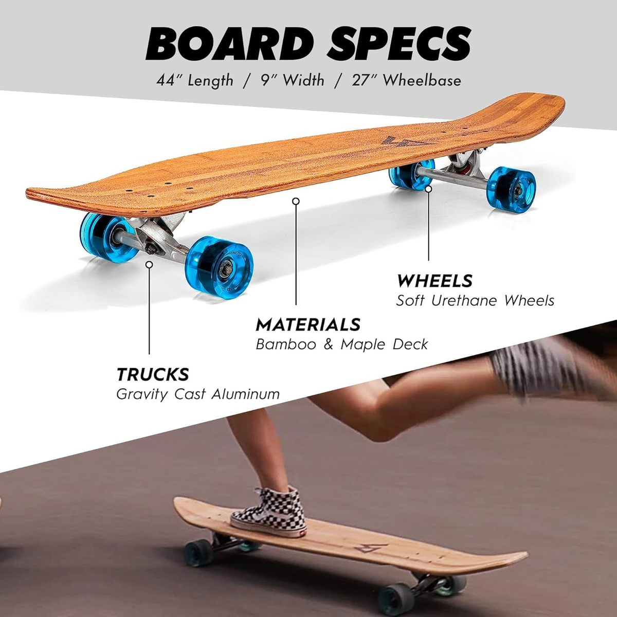 44 Inch Kicktail Cruiser Longboard Skateboard | Bamboo and Hard