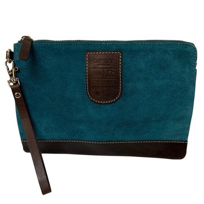 Osprey London Teal Suede Brown Leather Wristlet Clutch Bag Floral Lining