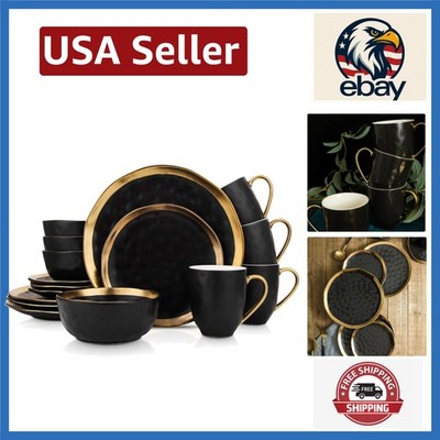 Florian 16-Piece Black and Gold Dinnerware Set for Elegant Dining Experiences