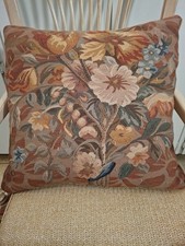Vintage 19" Sq Wool Aubusson Floral Pillow Earth Tones Velveteen Back Feather