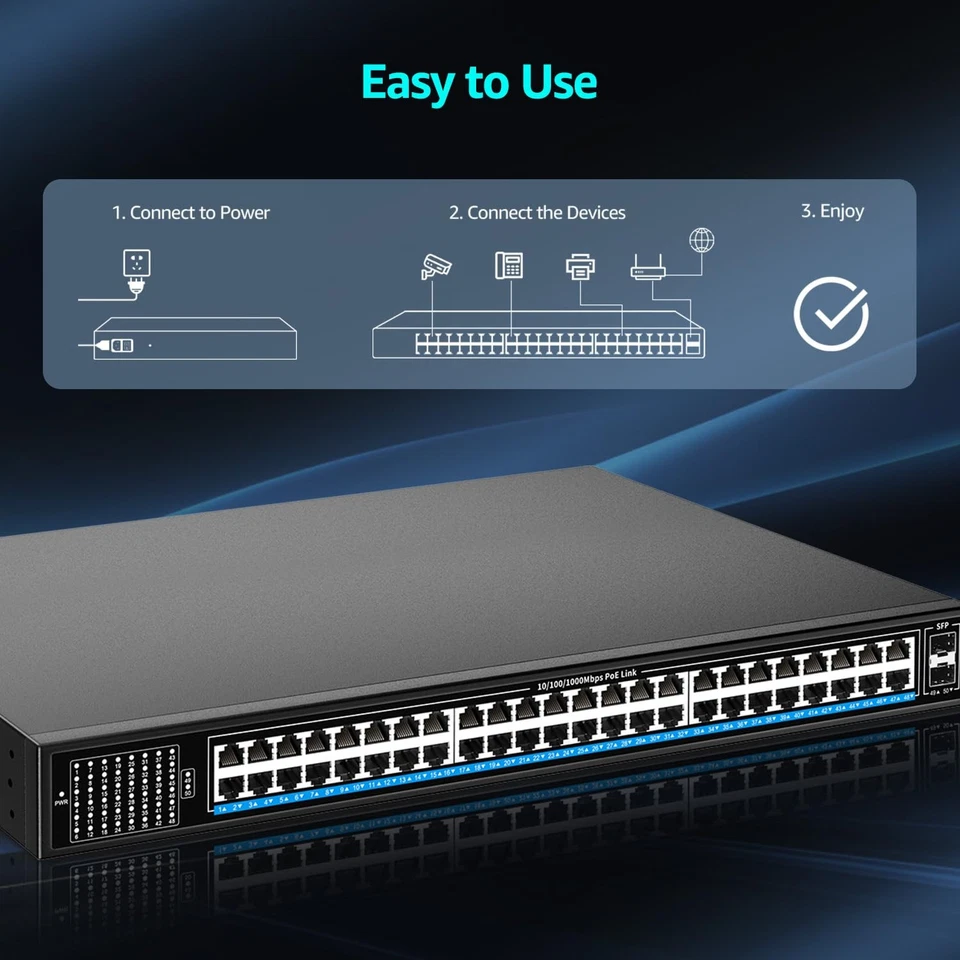 48 Port Gigabit PoE Switch Unmanaged with 48 Port IEEE802.3af/at PoE+@400W, - Image 4 of 4