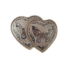 Vintage 70s DOUBLE HEARTS belt buckle W USA Butterfly Floral Golden Silver Tone