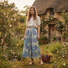 Vintage 100 Silk Floral Midi Skirt Size 16 Cottagecore Garden Party Pleated 80s
