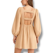 ASOS Design Beige Long Puff Sleeve Linen Blend Mini Dress Open Back Size 2