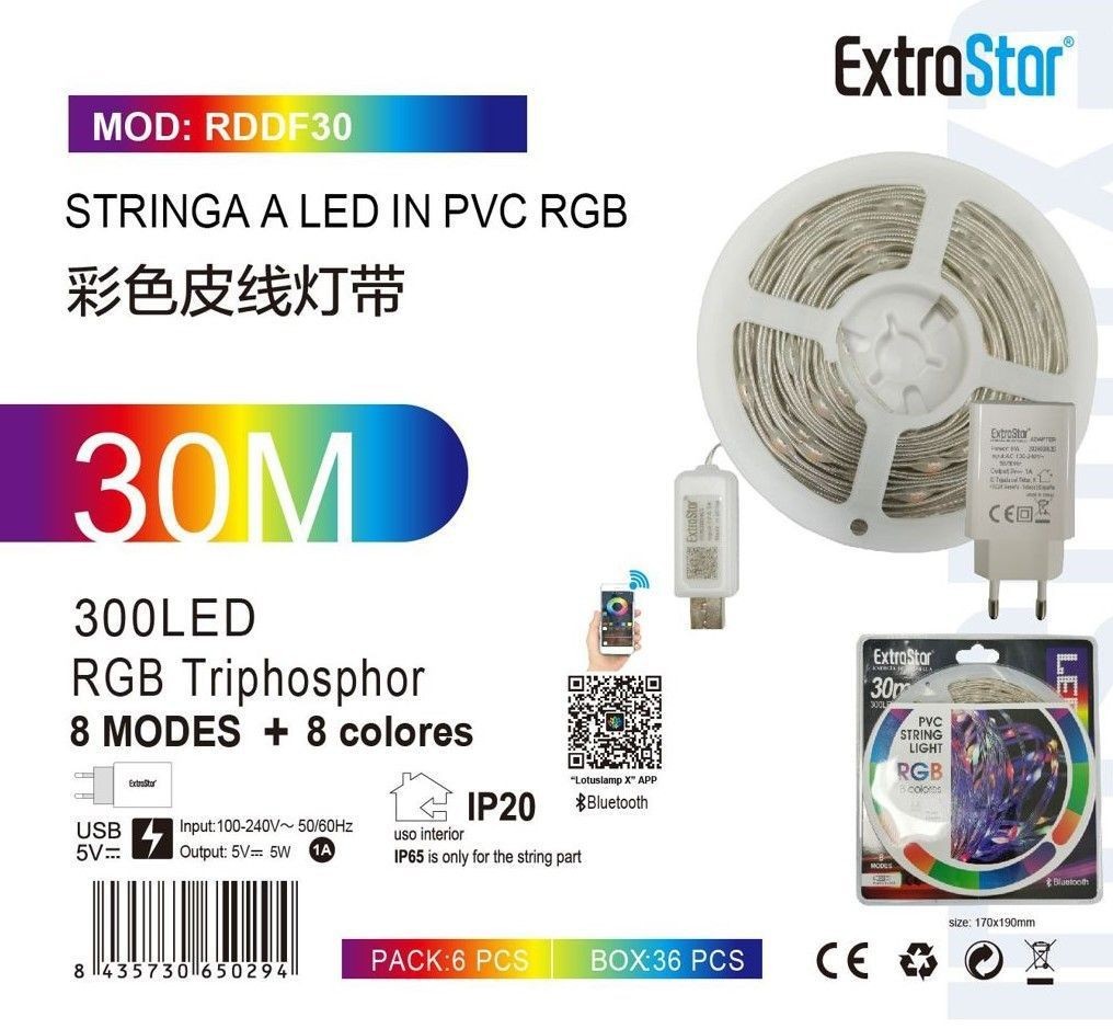 ExtraStar 30M Striscia LED RGB Bluetooth App Controllo USB 300 LED IP20