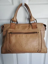 AMERICAN LEATHER CO. Caramel-Colored Embossed Leather Satchel Handbag