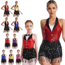 Womens Sequins Leotard Set Ballroom Dance Dress Costume Cocktail Outfits Gloves