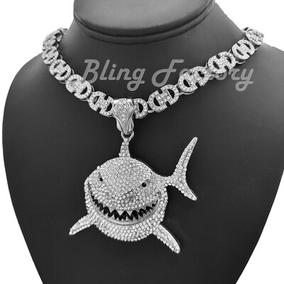 6ix9ine Iced Silver PT Shark Large Pendant & 18