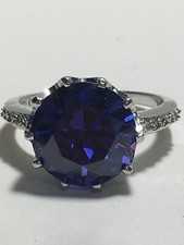 STERLING SILVER RING 925 PURPLE ROUND CUT CENTER STONE Clear Side Stone SZ 7 3/4