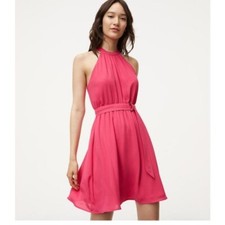 NWT~ANN TAYLOR LOFT~Bright Pink BELTED Twirly HALTER Dress~4~NEW!
