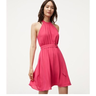 NWT~ANN TAYLOR LOFT~Bright Pink BELTED Twirly HALTER Dress~4~NEW! | eBay
