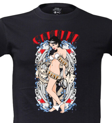 Pin Up T-Shirt im Gamble Style mit Frontprint Tattoo Rockabilly Hot Rod Vintage
