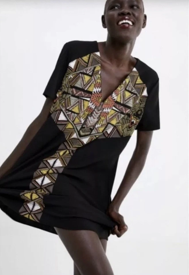 Zara Rubberized Casual Dress Tribal Print Sz M - Image 2 of 4