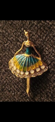 California Ballerina Ballet Dancer Theatre Blue Dress Rhinestones Brooch E3-2