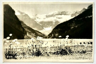1940s Lake Louise Alberta Canada Meadow Flowers RPPC Postcard Mountains Snow Vtg
