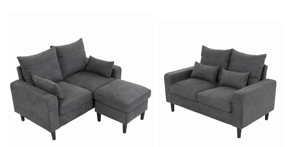 Gray 2 2 Seaters with Ottoman Footstool Loveseat Fabric Upholstered Couch Set