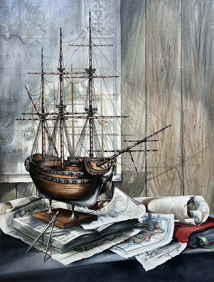 Pintura al óleo náutica original francesa Trompe l’oeil de Henri Grange ENUMERADA Foto 2 de 4