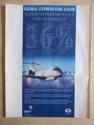 9/1998 PUB BOMBARDIER GLOBAL EXPRESS RAYTHEON ASTOR RADAR ORIGINAL ANZEIGE 