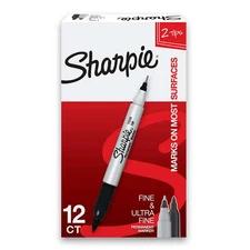 Sharpie 32001 Twin Tip Permanent Markers Fine and Ultra Fine 12 Piece - Black