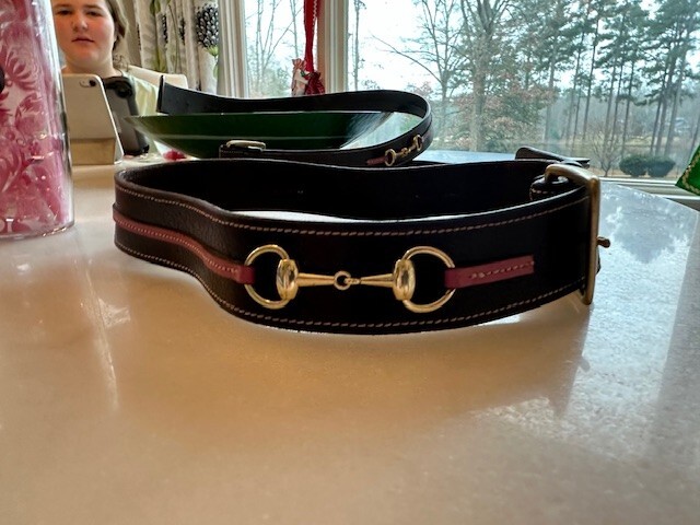 TREDSTEP IRELAND CURVED HAVANA LEATHER BRASS SNAFFLE BITS 1.5” BELT Size 24 image 3