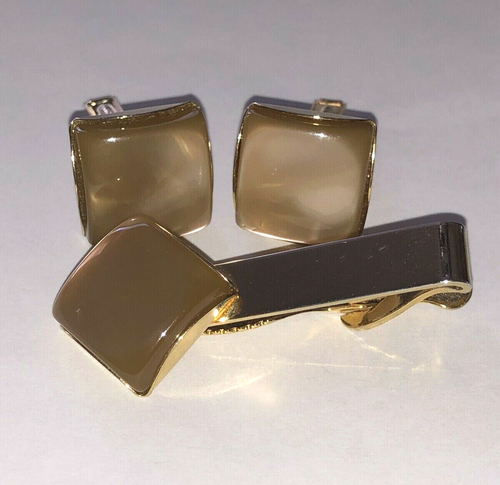 Vintage Moonstone Men's Cuff Links & Tie Bar Gold Filled / Gold Plated PAT. PEND - Picture 2 of 9
