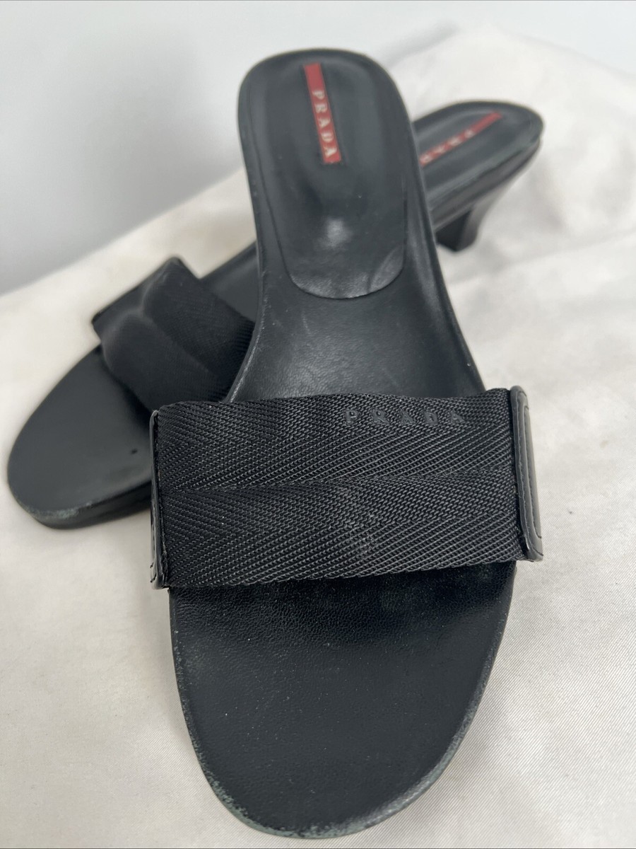 Vintage 1990s Prada Women's Sport Black Kitten Heel Slide Mules