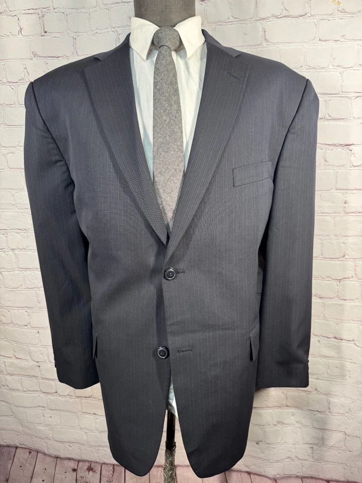 HAGGAR Mens Navy Blue Classic Pinstripe Pleated 2 Pc Suit 46R Jacket 42x33 Pant - Image 2 of 4