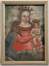 18th Century Spanish Colonial Oil Painting Madonna Virgin Mary Christ Retablo