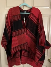 One size Red And Black Buffalo Plaid Open Sweater Wrap