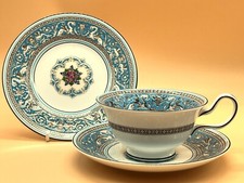 Wedgwood China Turquoise Florentine Peony shape cup, saucer & plate trio. W2714.