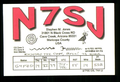 1 x QSL Card Radio USA N7SJ Cave Creek Arizona 1999 op Stephen M. Jones   U394