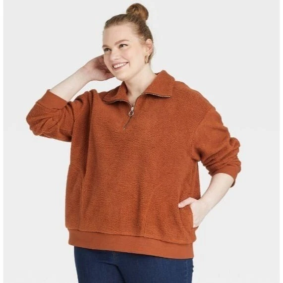 Ava & Viv Women's Plus Size Sherpa Quarter Zip Pullover Sweatshirt Rust Size X