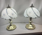 Pair Of Vintage 3-Way Gold Tone Touch Accent Lamp 6 Blue Floral Glass Panels 12”
