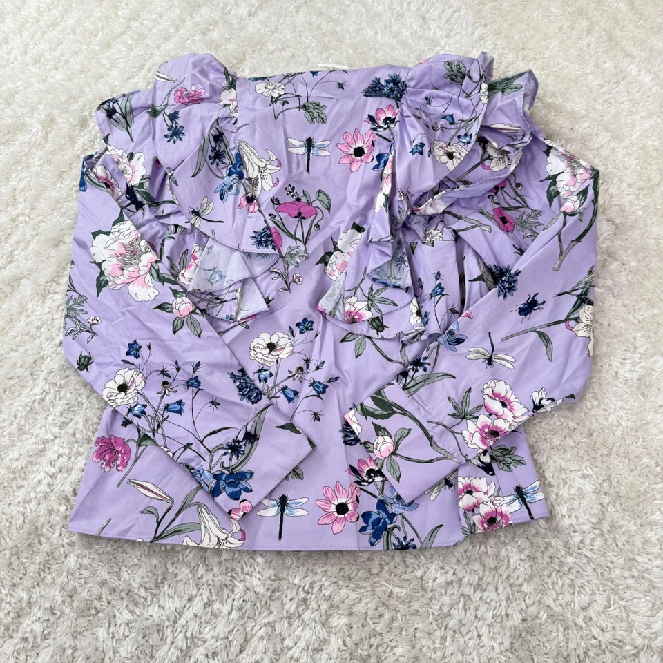 H&M Blouse Women's 2 Floral Ruffl Long Sleeve Button Down Lavender Coquette - Image 2 of 4