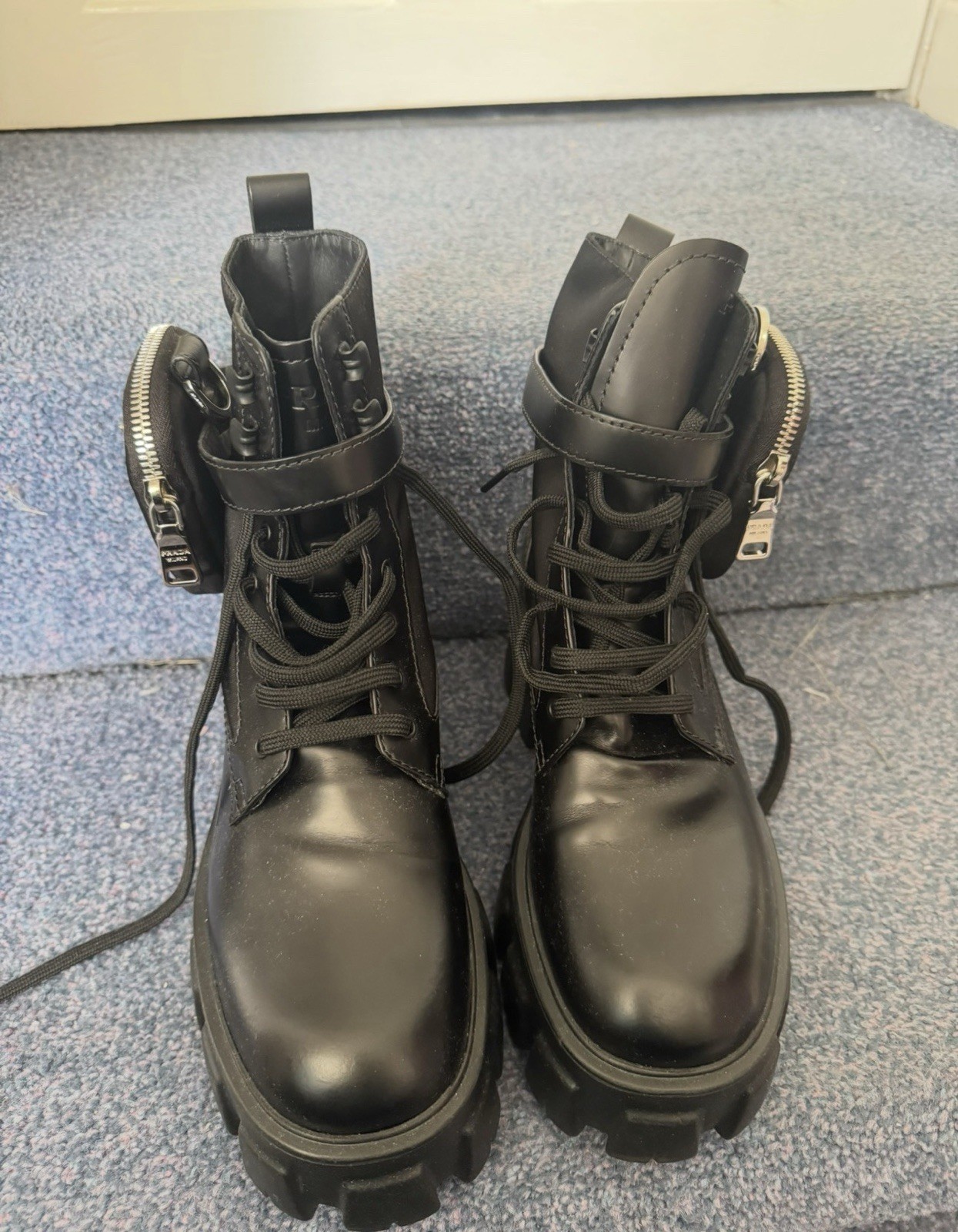 PRADA Monolith Leather Boots with Re-Nylon Material and Pouch