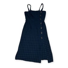 Essue Dress Vintage Plaid Button-up Front Slit Navy and Green S