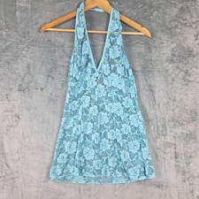 Womens Top Medium Blue Floral Lace Halter Sheer Babydoll Y2K Coquette Fairy
