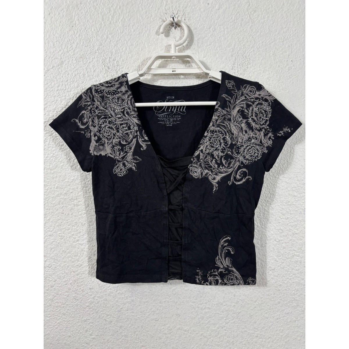 Sinful by Affliction T-Shirt Women Medium Black Lace Up Cropped