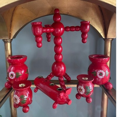 Vintage Swedish 4 Arm Candelabra Wood Red Mid Century Sweden Folk Art set 6