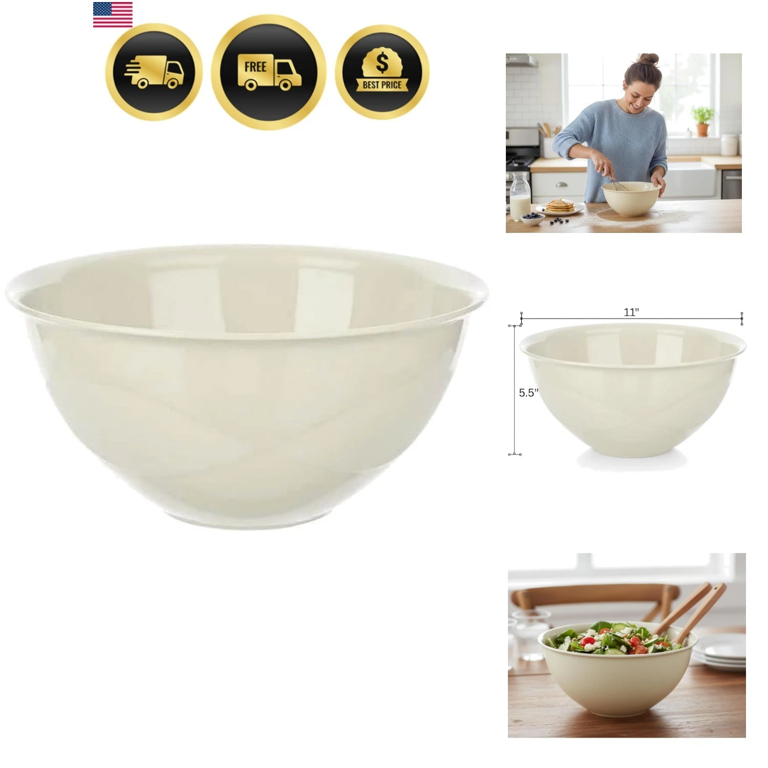 Large Mixing bowls 5-Quart 169oz - Plastic Salad/Mixing/Serving Bowl 1 pack
