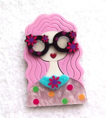 Vintage Fashionista Lady with Pink Hair Layered Acrylic Pin or Brooch - NWOT
