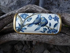 Blue Bird on Branch and Flowers Floral Curved Drawer Pull Handle Blue White Gold