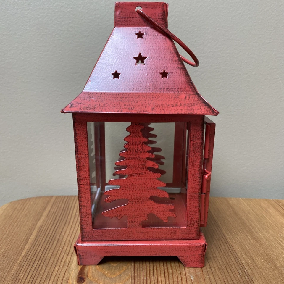 Red Metal Lantern with Glass, Christmas Tree Design, and Latching Door (w/ FLAW) - Image 4 of 4