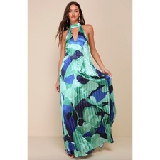 Lulus Prime Poise Green and Blue Abstract Satin Halter Maxi Dress Medium NWT