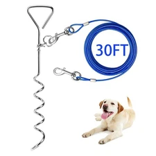 30FT Heavy Duty Dog Tie Out Cable With Anti Rust Spiral Stake For Yard Camping